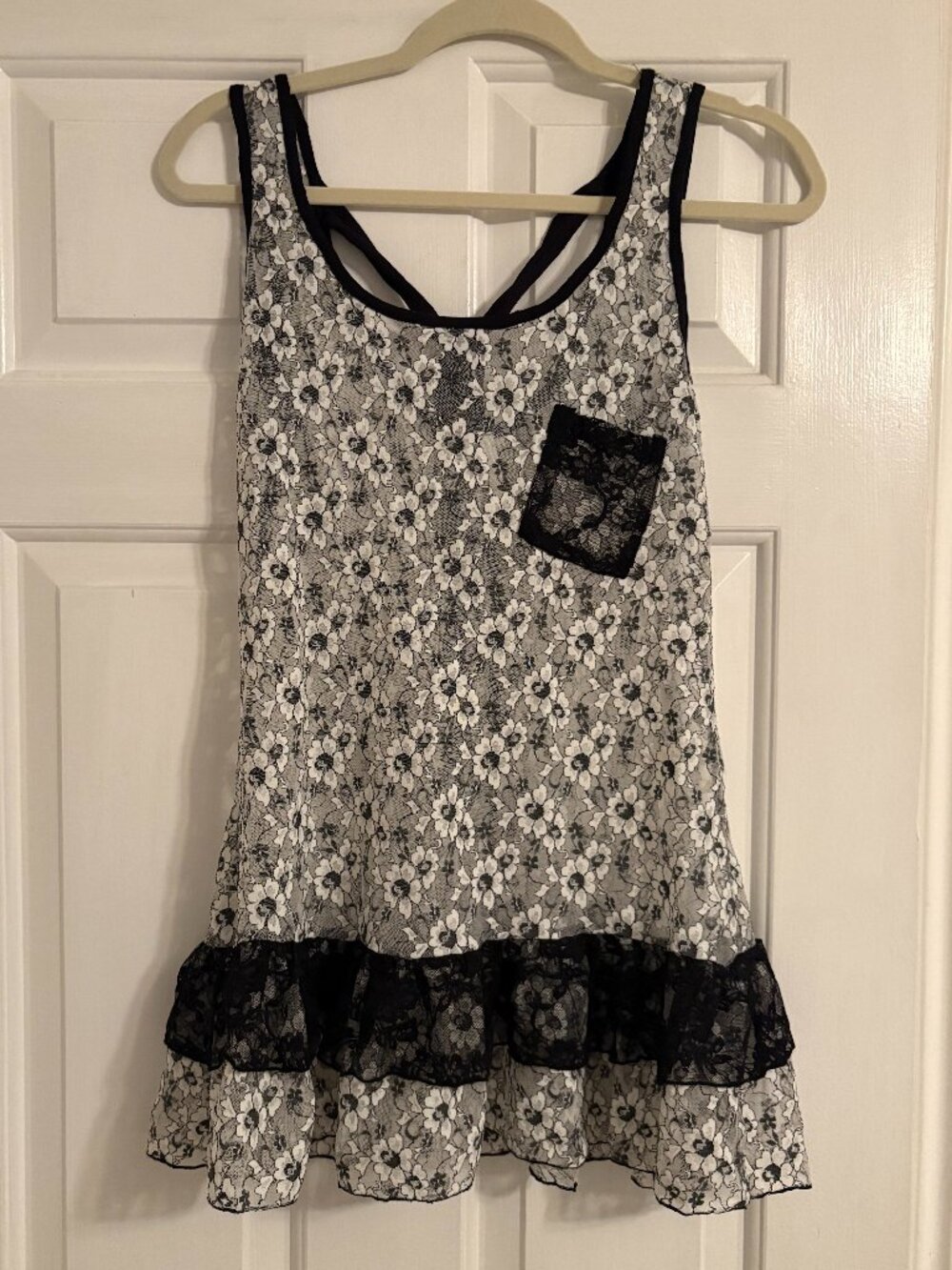 Just Me USA Black and White Lace Tank S